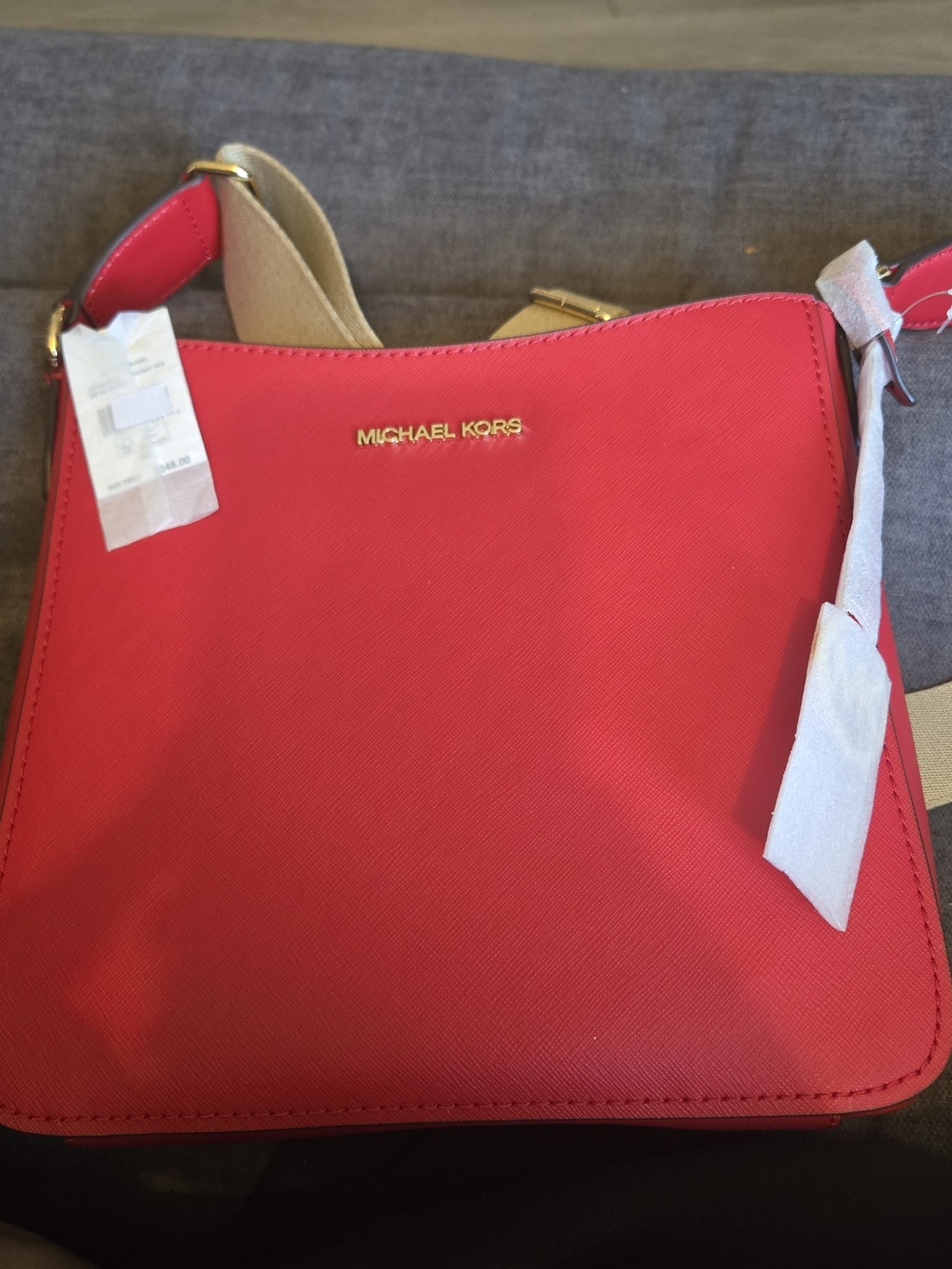 Michael Kors Red Saffiano Crossbody with Neutral Strap